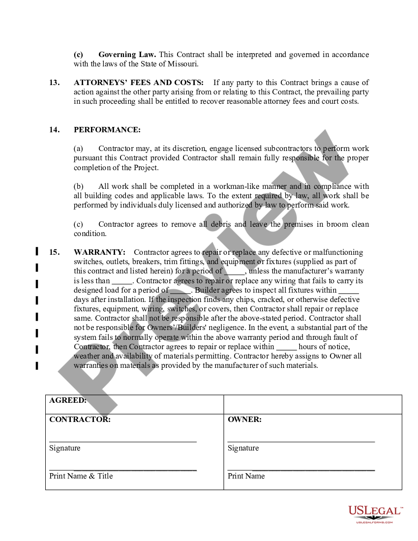 Missouri Electrical Contract for Contractor | US Legal Forms