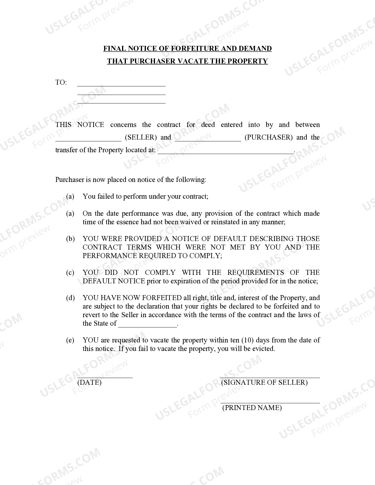 Missouri Final Notice of Forfeiture and Request to Vacate Property