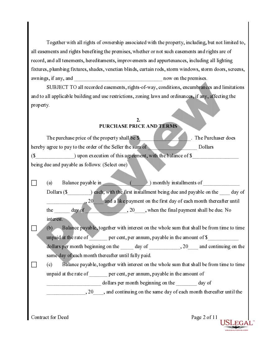 Preview Agreement or Contract for Deed for Sale and Purchase of Real Estate a/k/a Land or Executory Contract