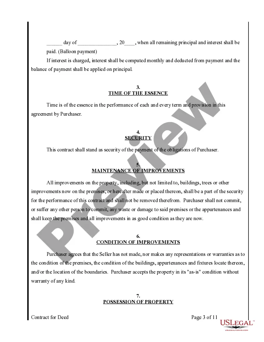 Preview Agreement or Contract for Deed for Sale and Purchase of Real Estate a/k/a Land or Executory Contract