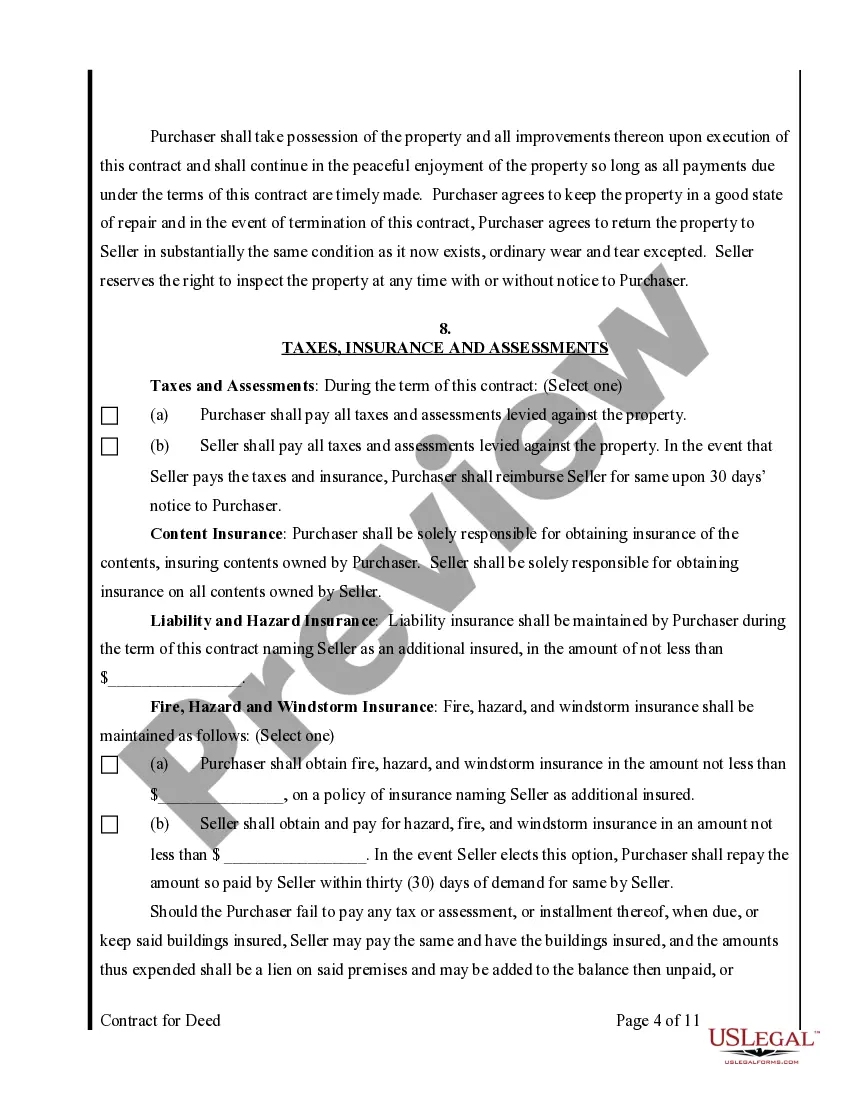 Preview Agreement or Contract for Deed for Sale and Purchase of Real Estate a/k/a Land or Executory Contract