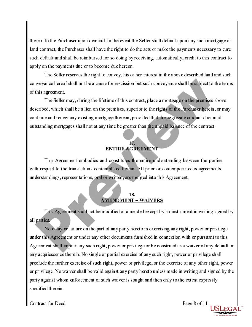 Preview Agreement or Contract for Deed for Sale and Purchase of Real Estate a/k/a Land or Executory Contract