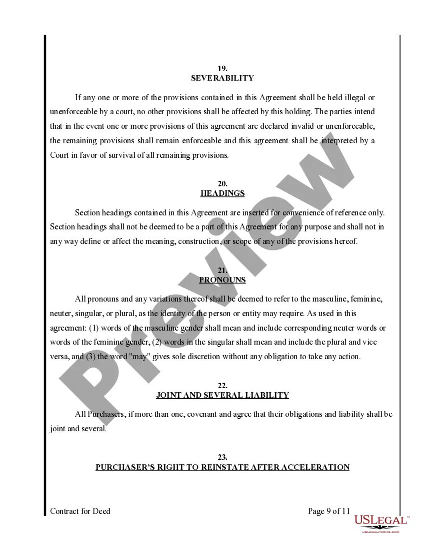 Preview Agreement or Contract for Deed for Sale and Purchase of Real Estate a/k/a Land or Executory Contract