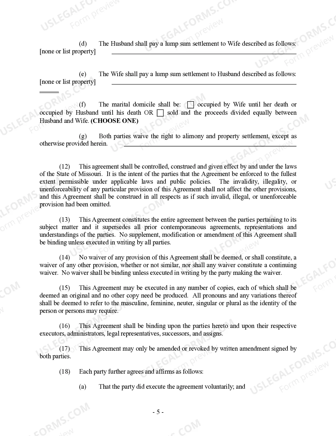 Preview Missouri Prenuptial Premarital Agreement without Financial Statements