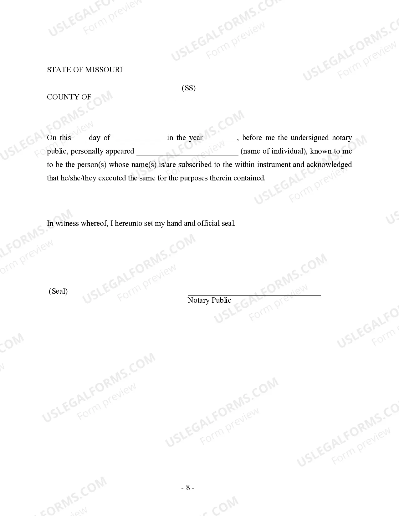 Preview Missouri Prenuptial Premarital Agreement without Financial Statements