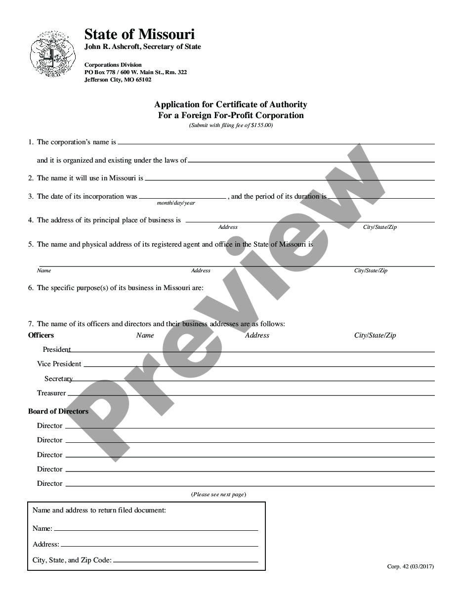 page 0 Missouri Registration of Foreign Corporation preview