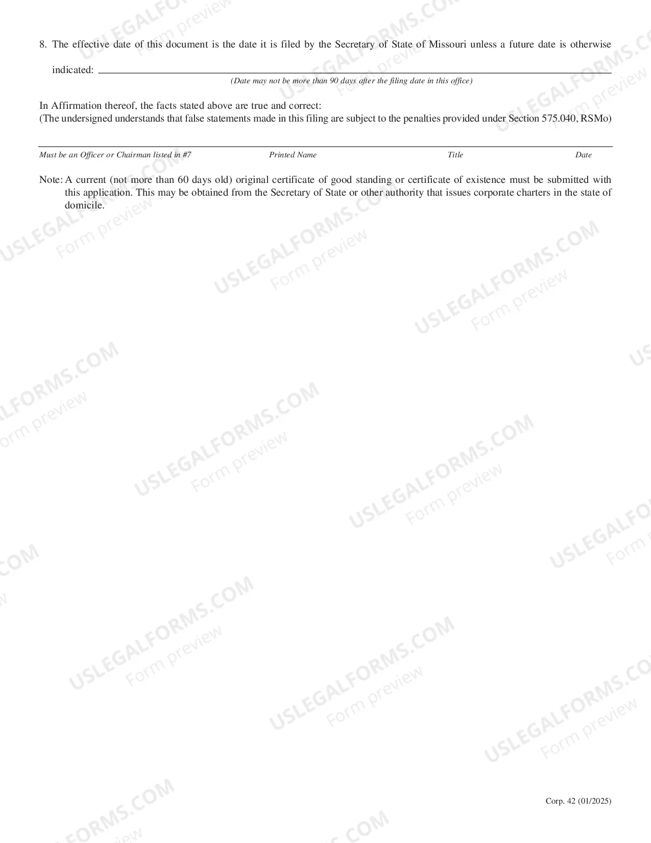 Preview Missouri Registration of Foreign Corporation