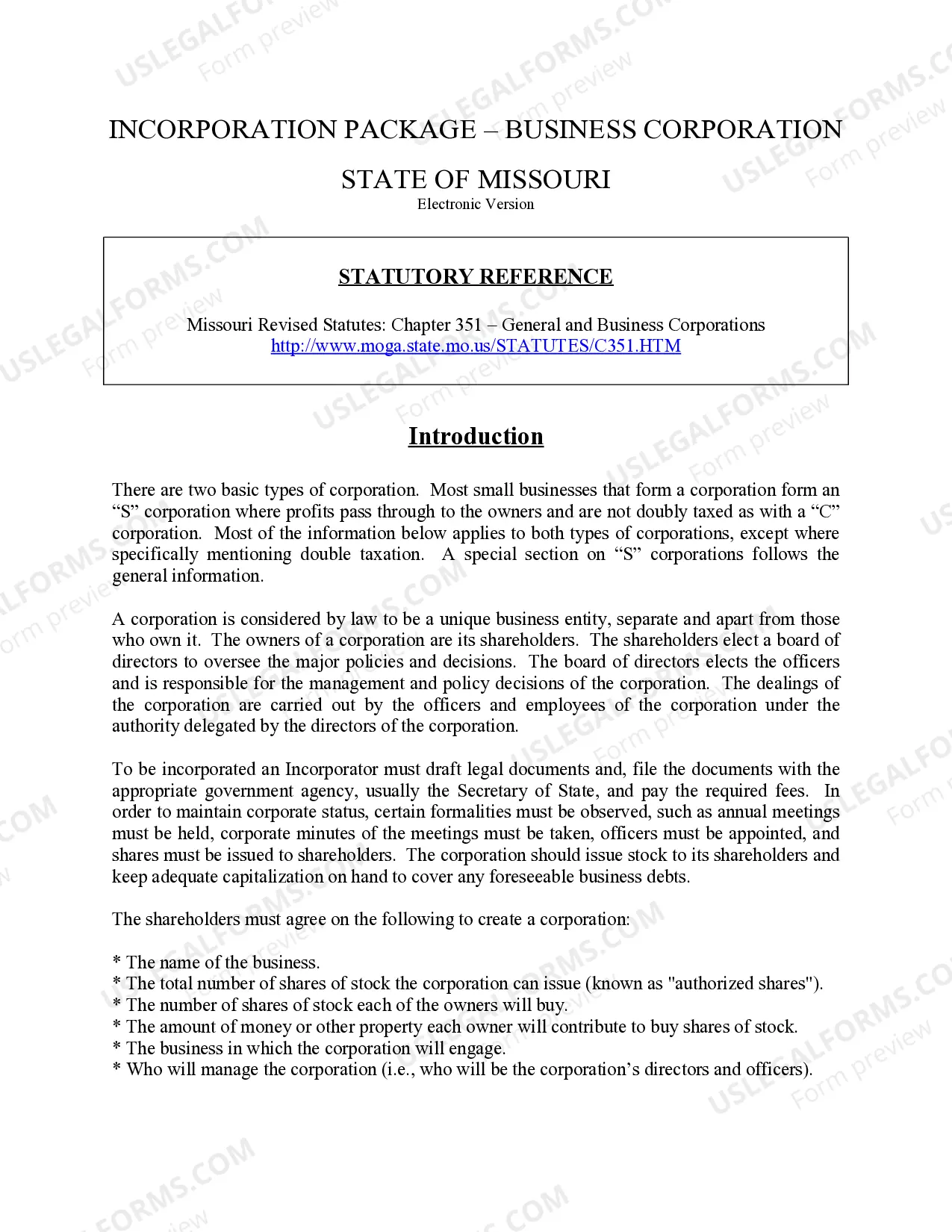 Preview Missouri Business Incorporation Package to Incorporate Corporation