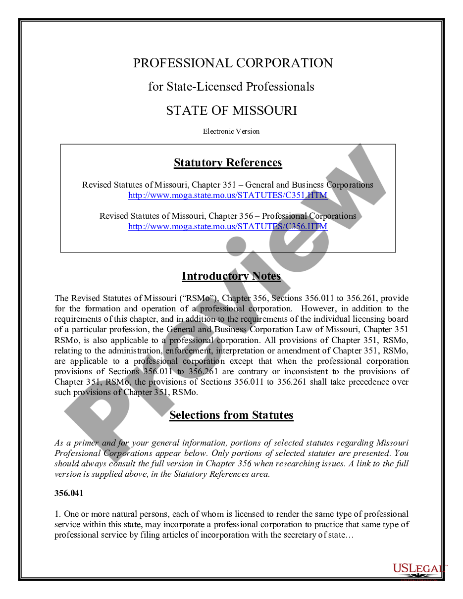 page 1 Professional Corporation Package for Missouri preview
