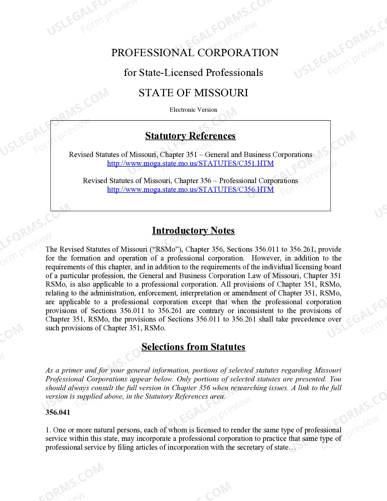 Preview Professional Corporation Package for Missouri