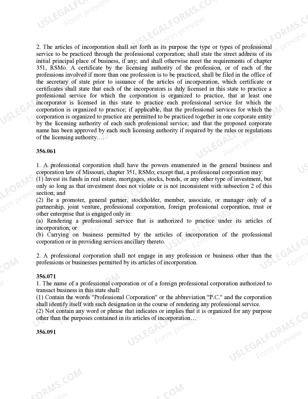 Preview Professional Corporation Package for Missouri