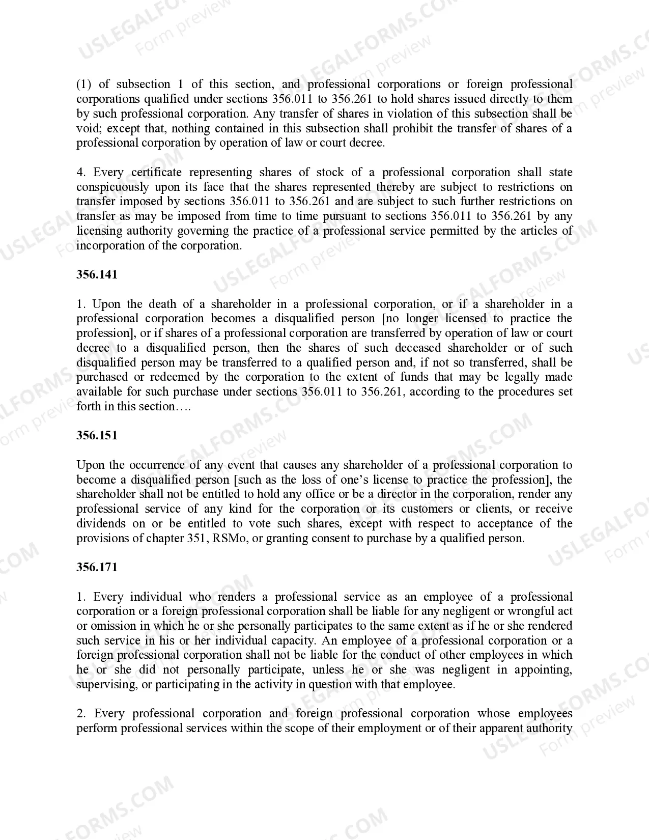 Preview Professional Corporation Package for Missouri