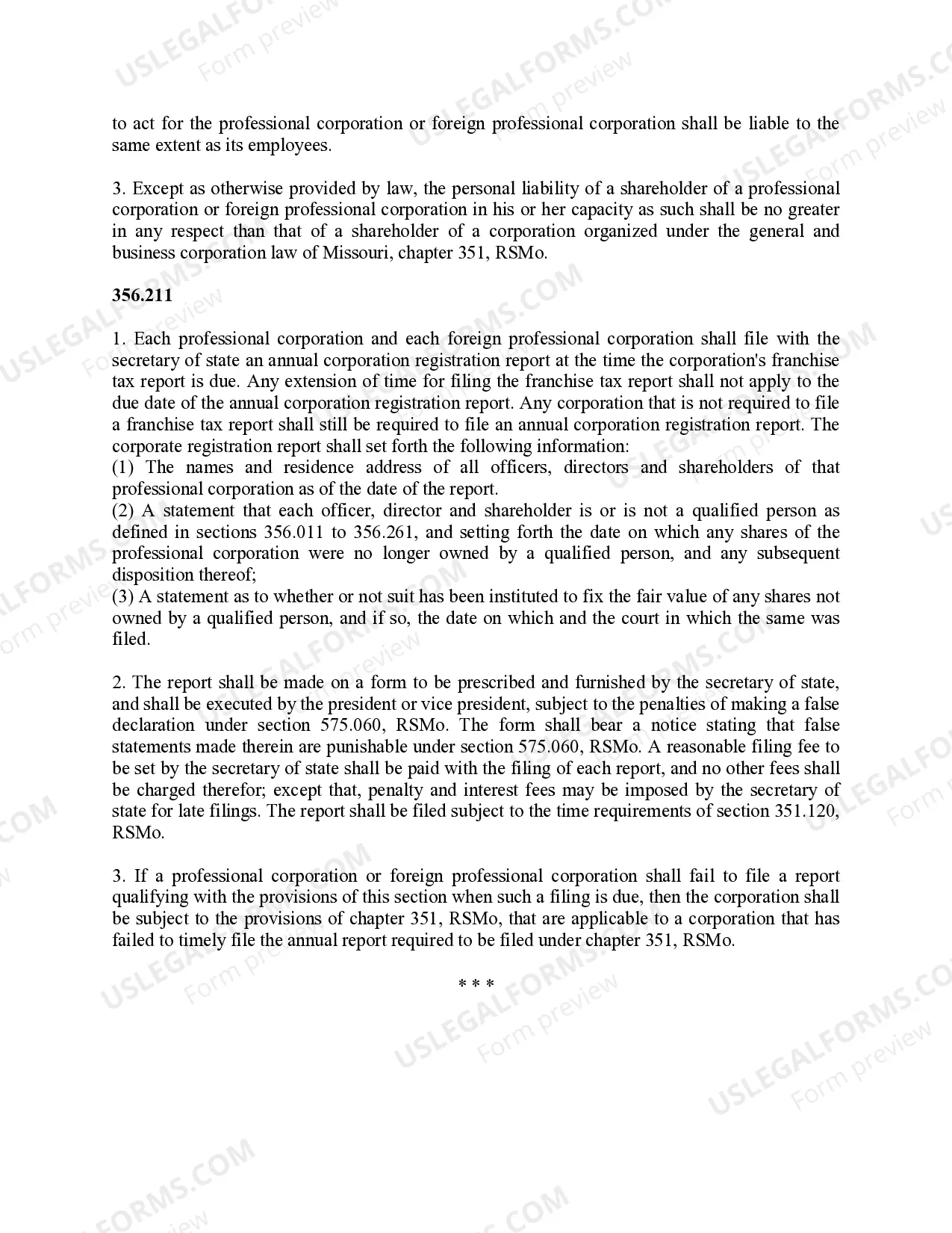 Preview Professional Corporation Package for Missouri