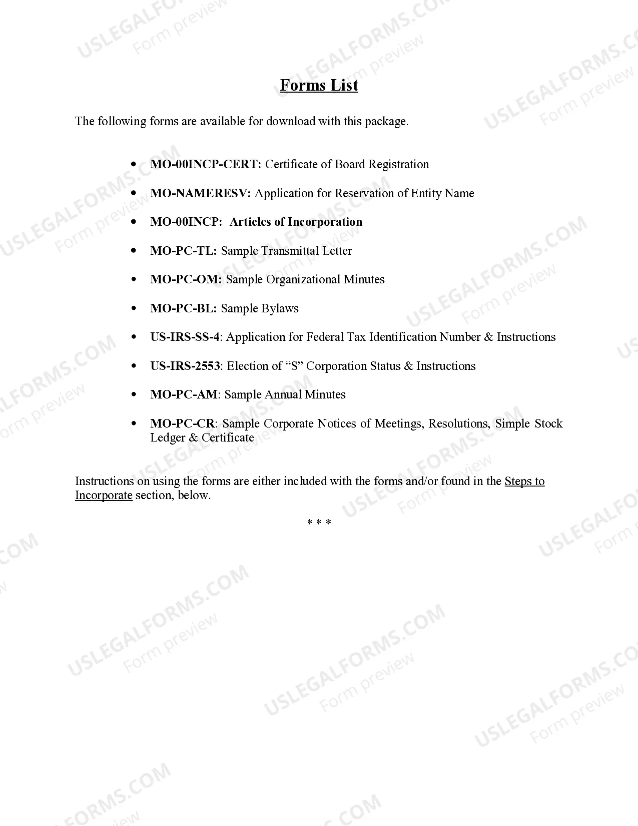 Preview Professional Corporation Package for Missouri