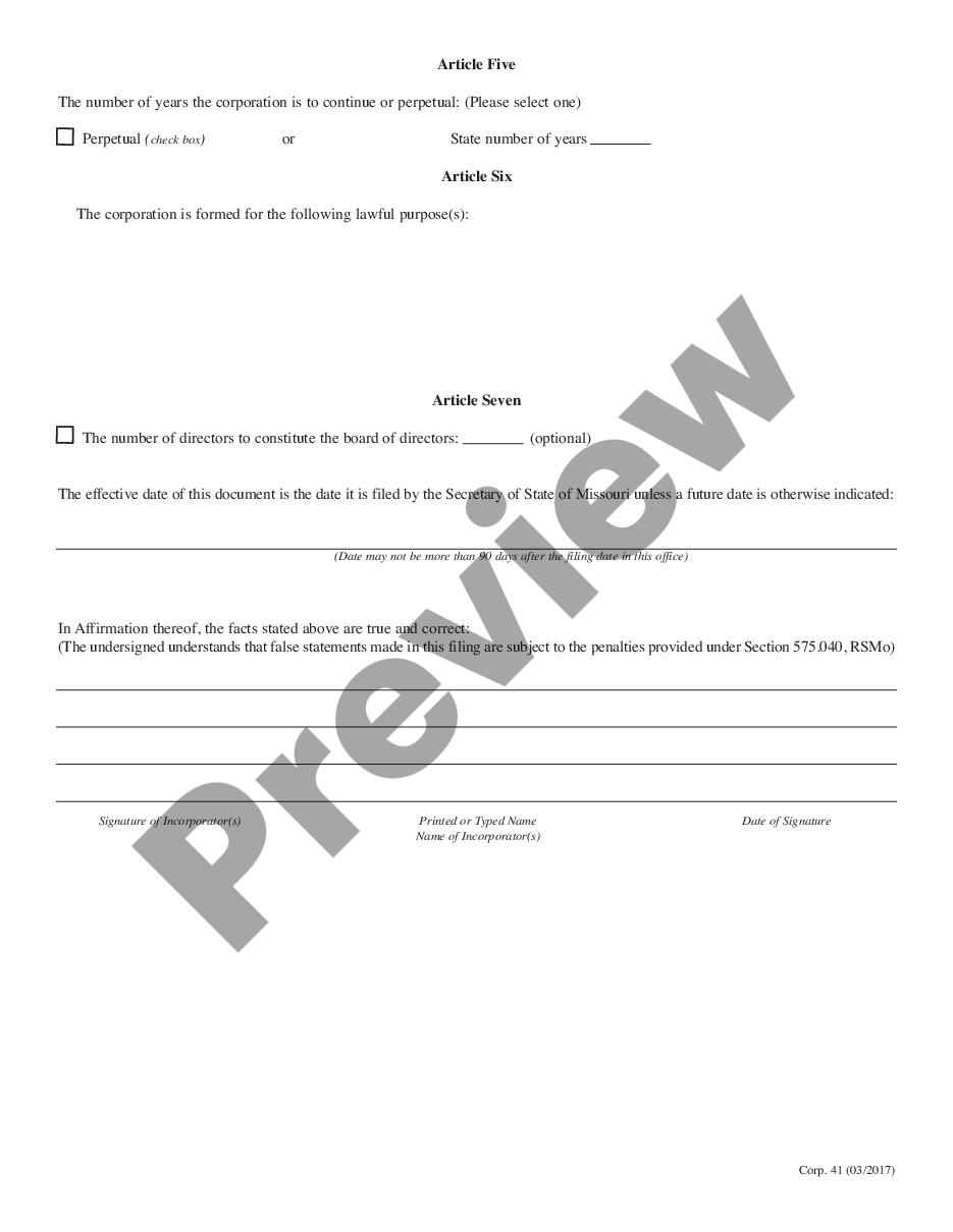 page 1 Missouri Articles of Incorporation for Domestic For-Profit Corporation preview