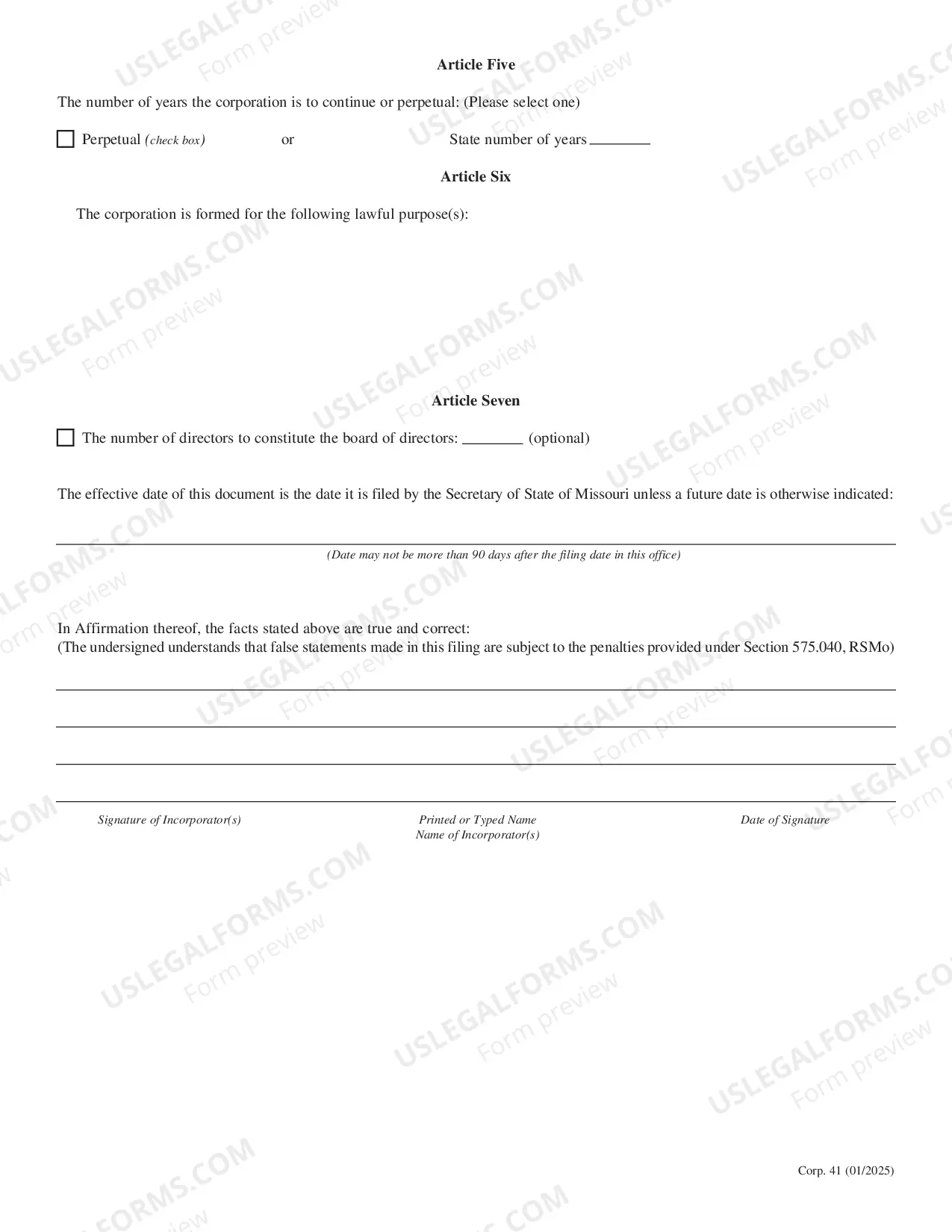 Preview Missouri Articles of Incorporation for Domestic For-Profit Corporation