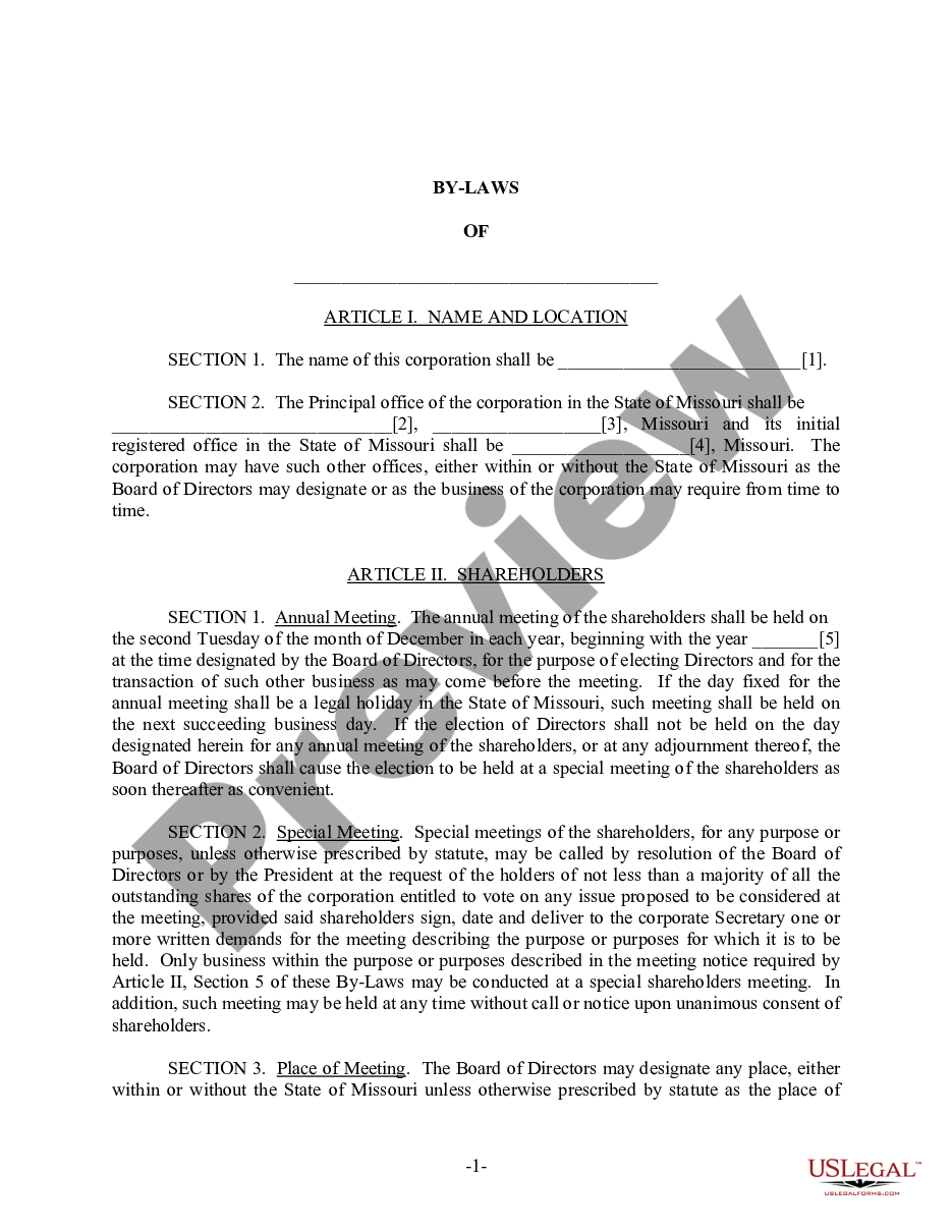 page 1 Missouri Bylaws for Corporation preview