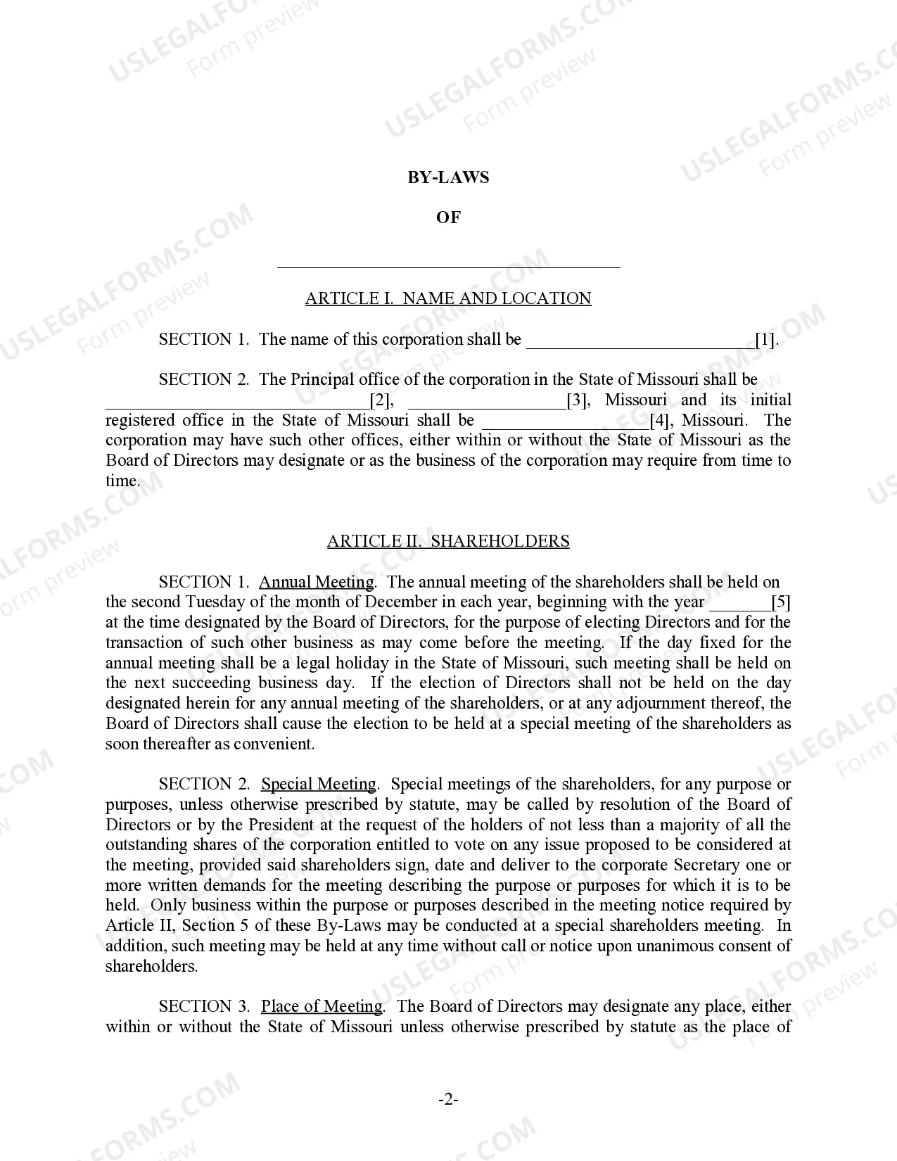Preview Missouri Bylaws for Corporation