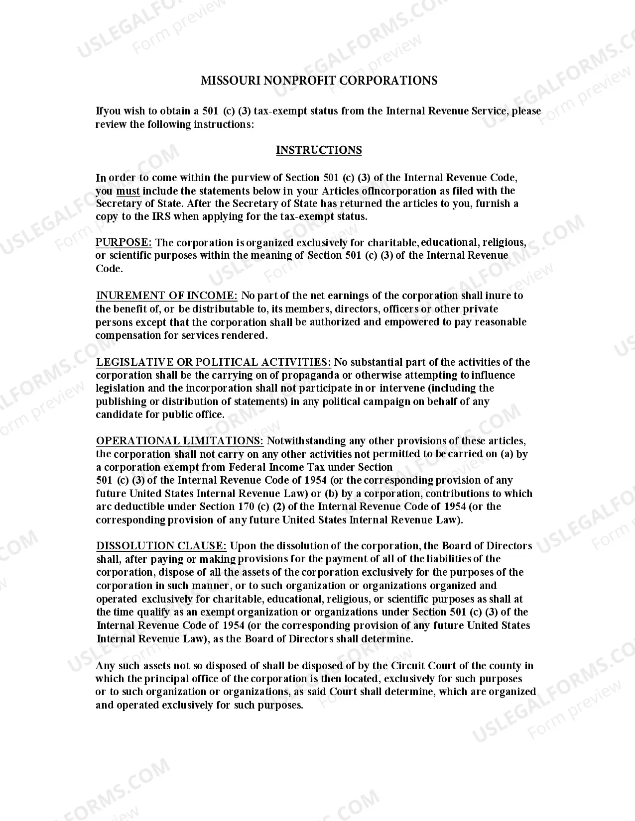 Preview Missouri Articles of Incorporation for Domestic Nonprofit Corporation