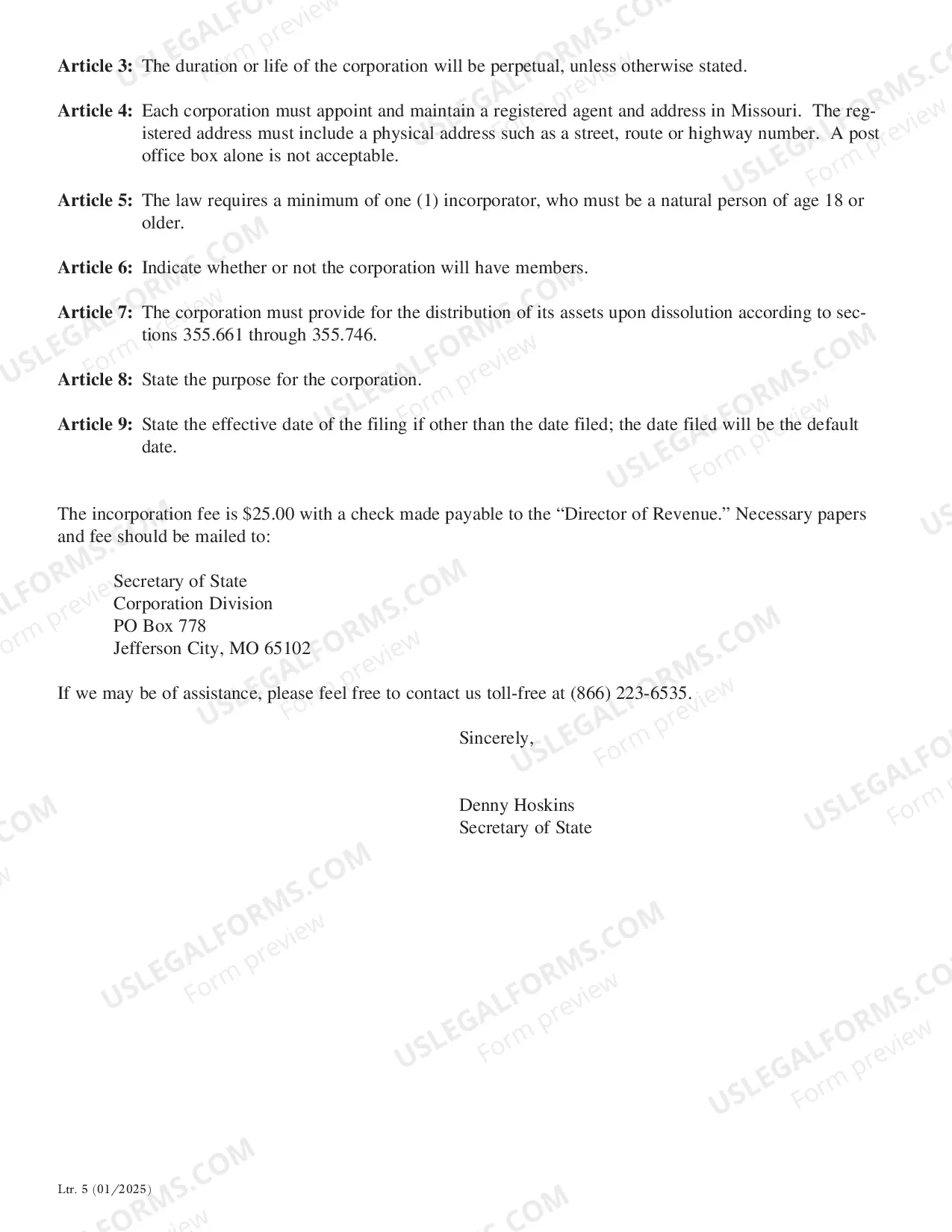Preview Missouri Articles of Incorporation for Domestic Nonprofit Corporation