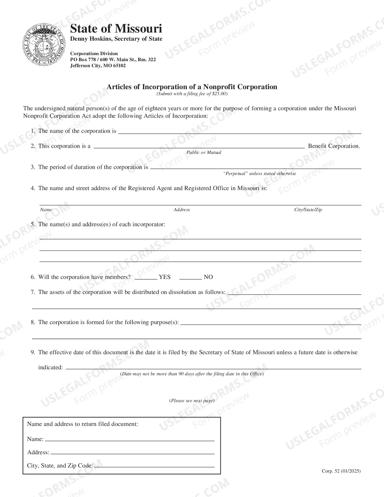 Preview Missouri Articles of Incorporation for Domestic Nonprofit Corporation