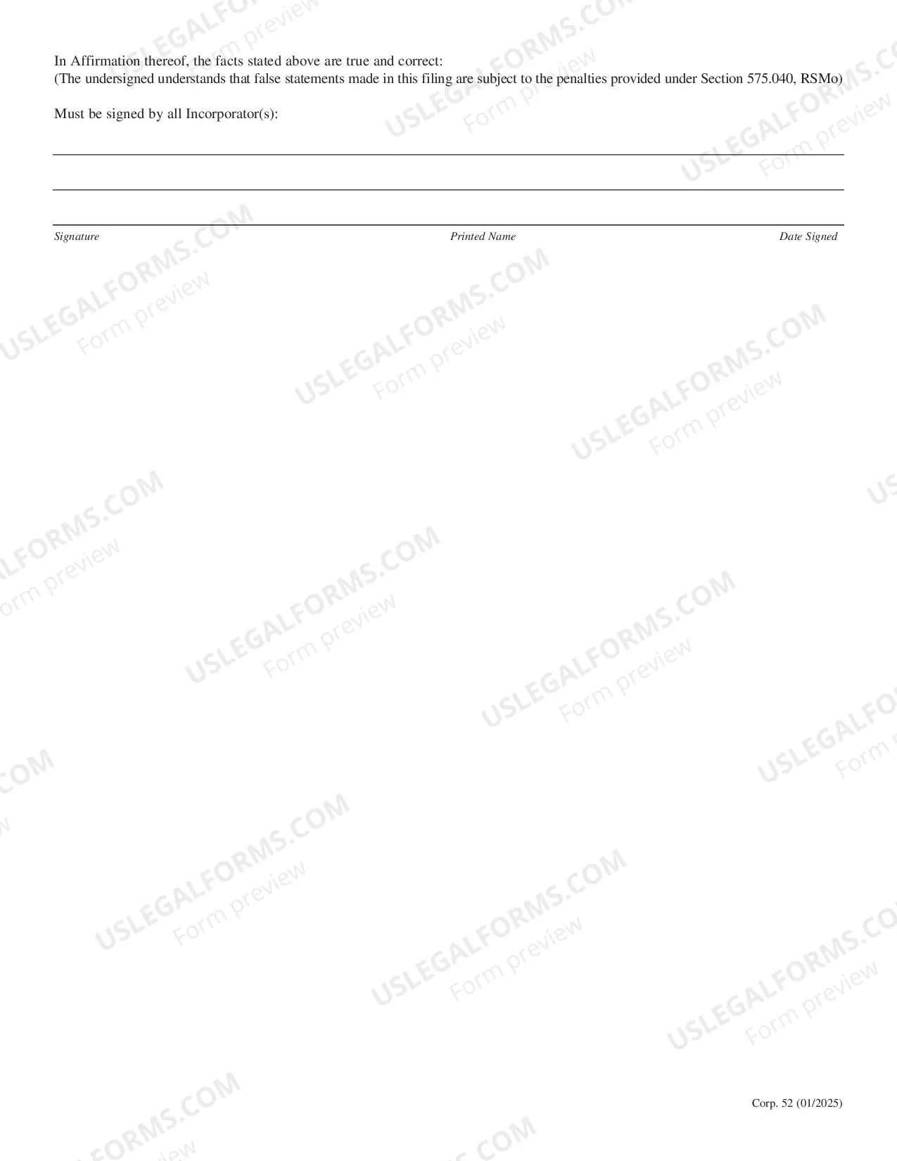 Preview Missouri Articles of Incorporation for Domestic Nonprofit Corporation
