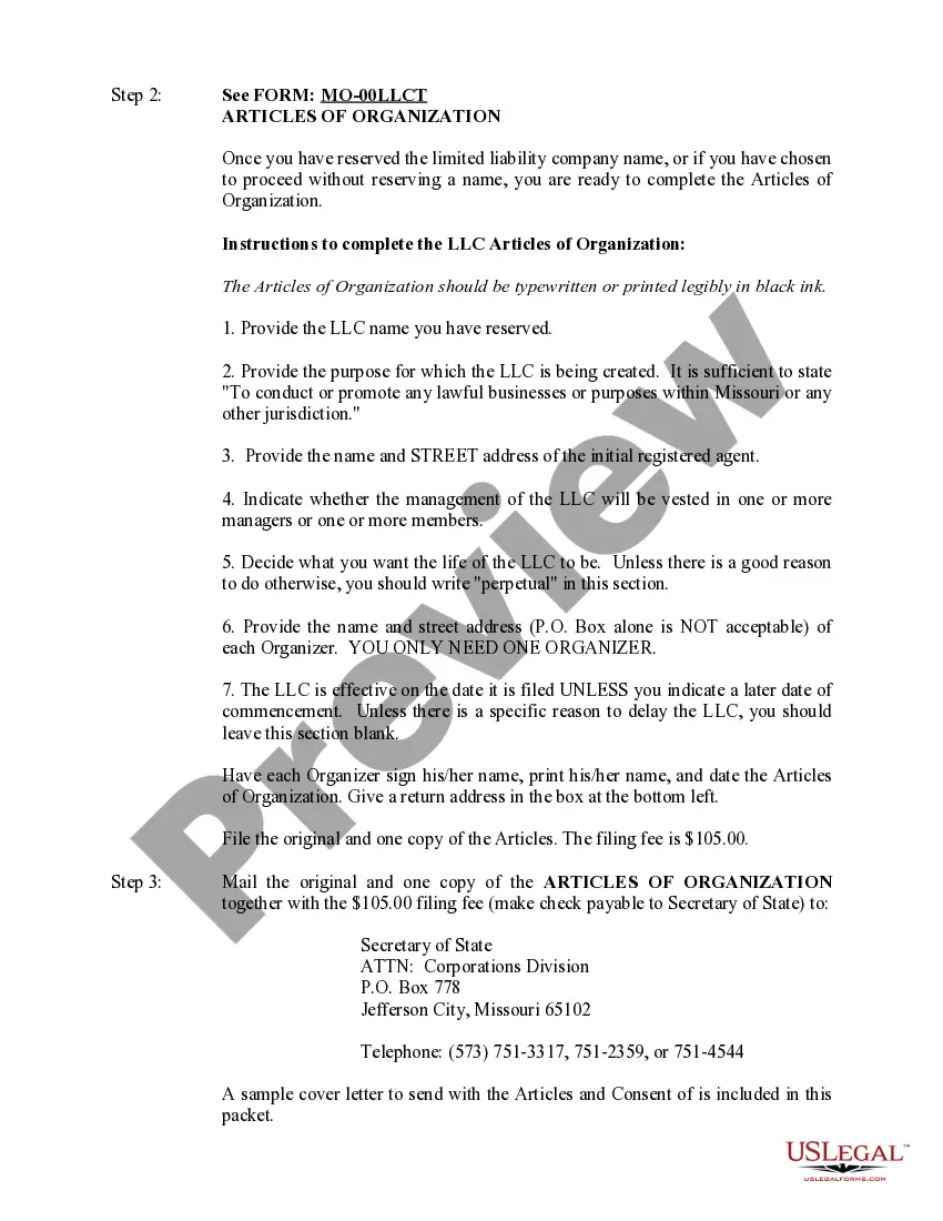 Preview Missouri Limited Liability Company LLC Formation Package
