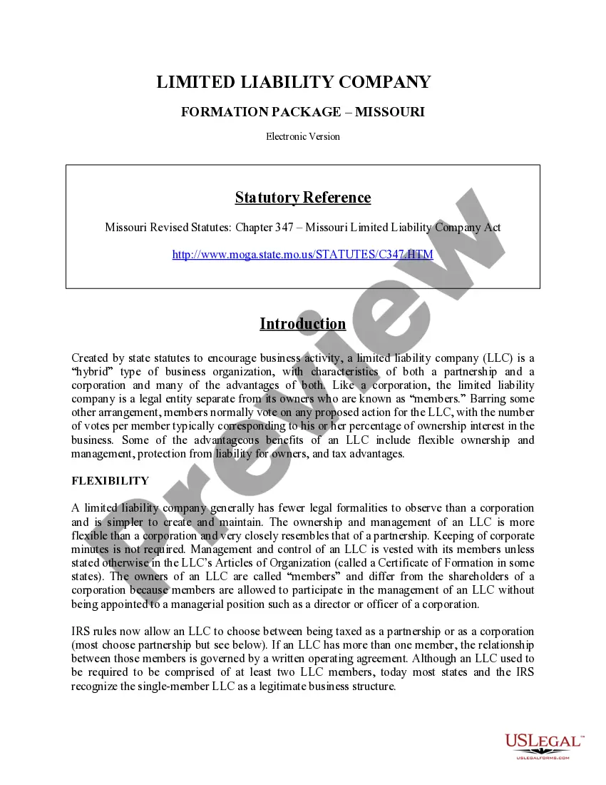 Preview Missouri Limited Liability Company LLC Formation Package