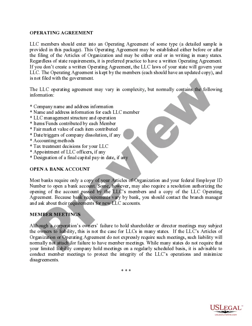 Preview Missouri Limited Liability Company LLC Formation Package