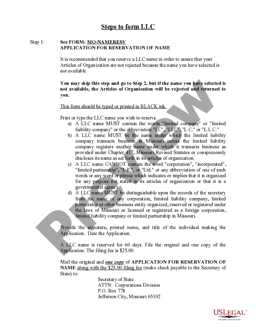 Preview Missouri Limited Liability Company LLC Formation Package