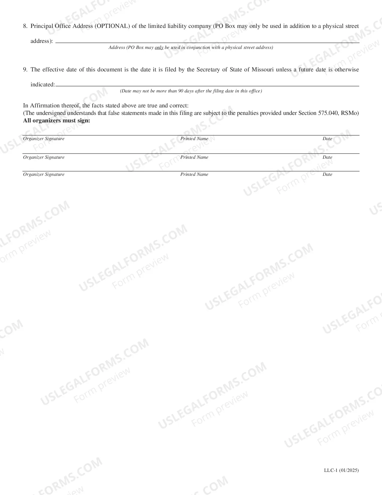 Preview Missouri Articles of Organization for Domestic Limited Liability Company LLC