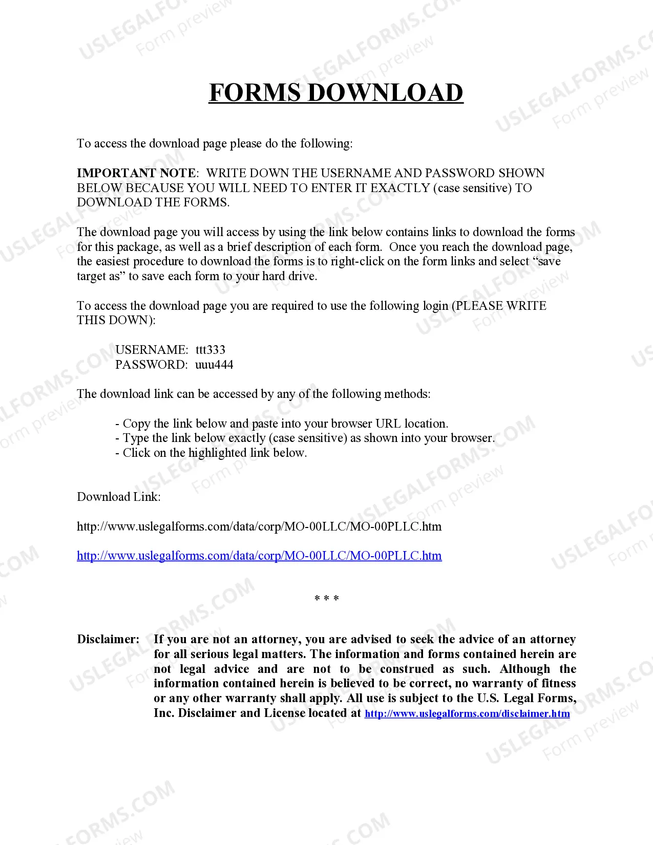 Preview Missouri Professional Limited Liability Company PLLC Formation Package