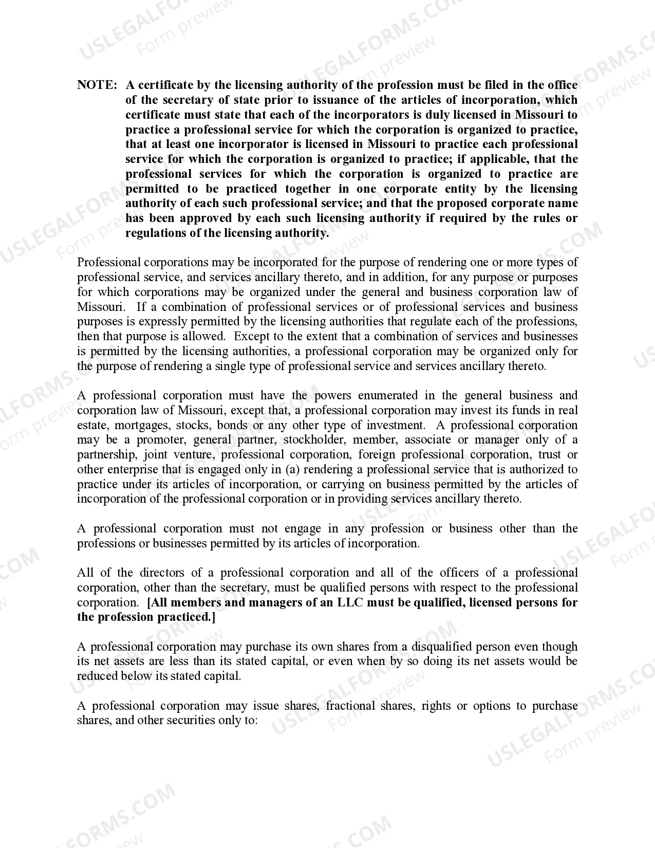 Preview Missouri Professional Limited Liability Company PLLC Formation Package