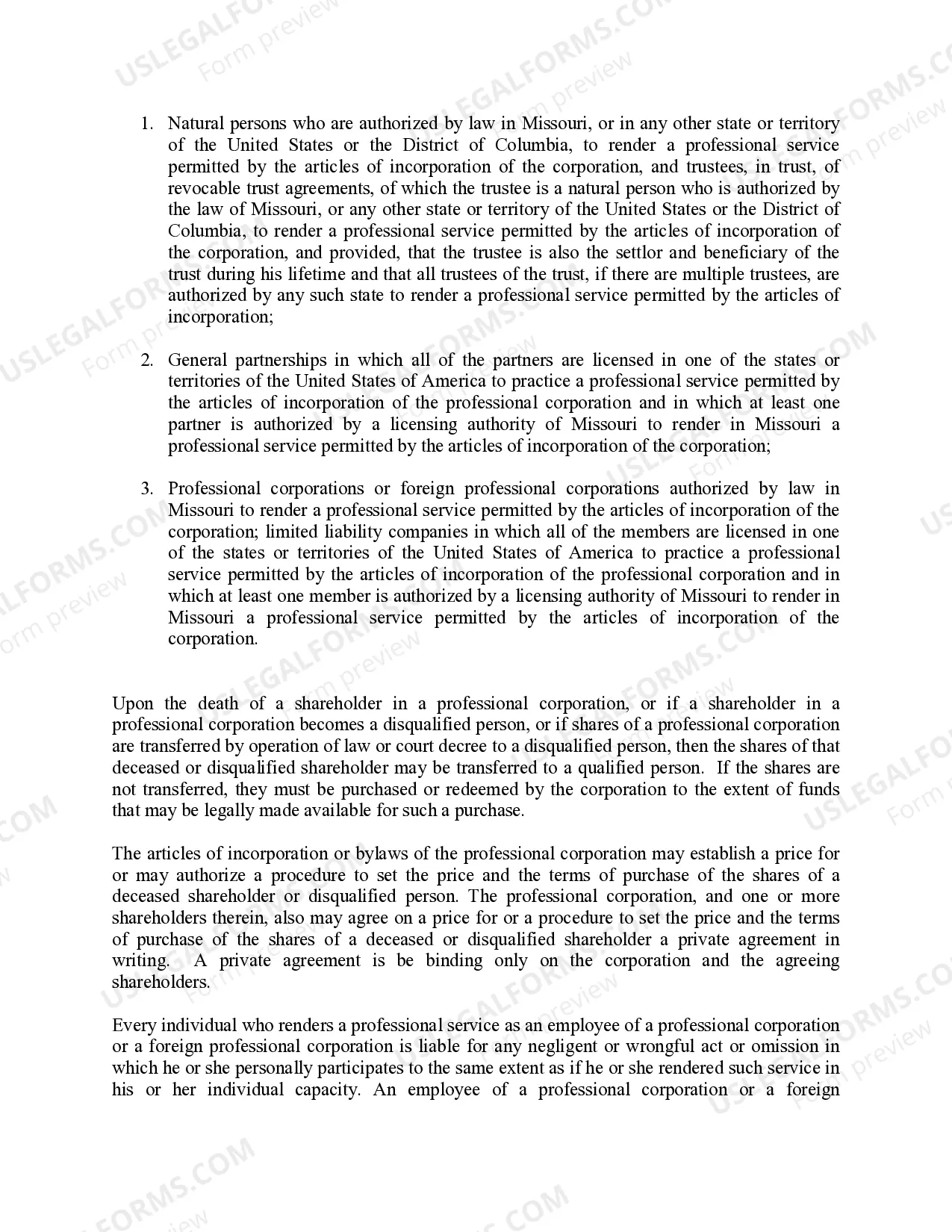 Preview Missouri Professional Limited Liability Company PLLC Formation Package