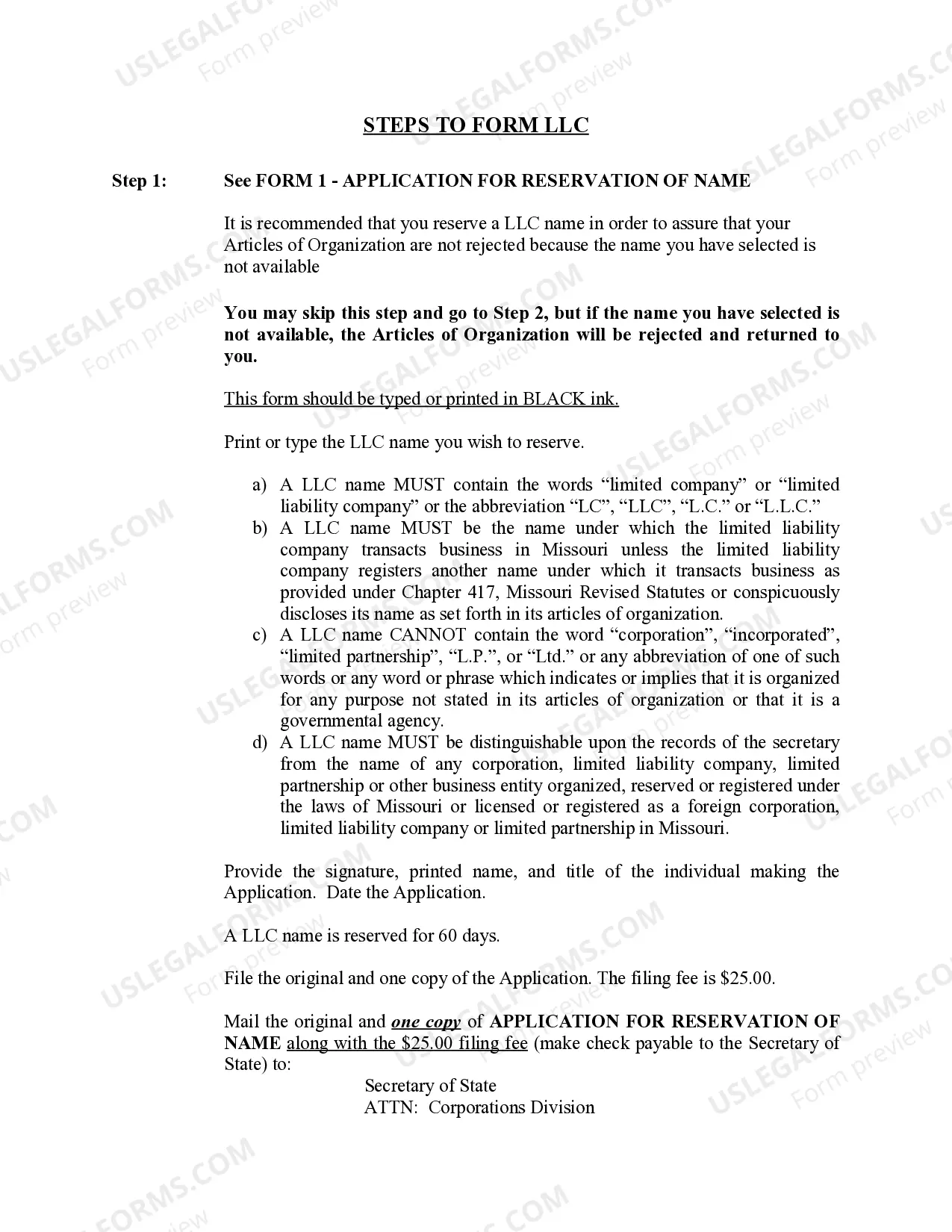 Preview Missouri Professional Limited Liability Company PLLC Formation Package