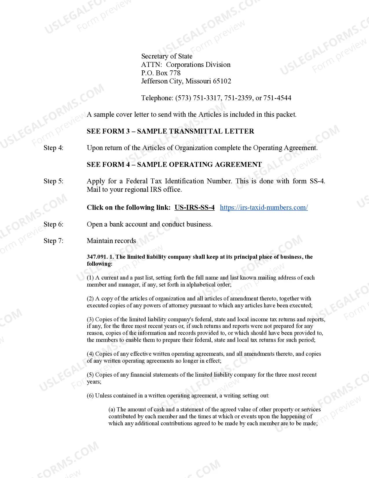 Preview Missouri Professional Limited Liability Company PLLC Formation Package