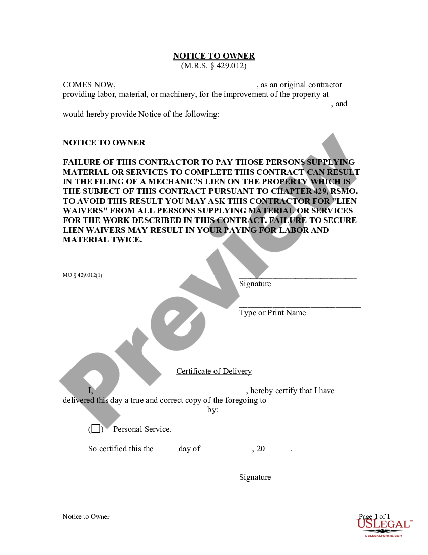 Missouri Notice Of Lien Release Form Us Legal Forms 4106