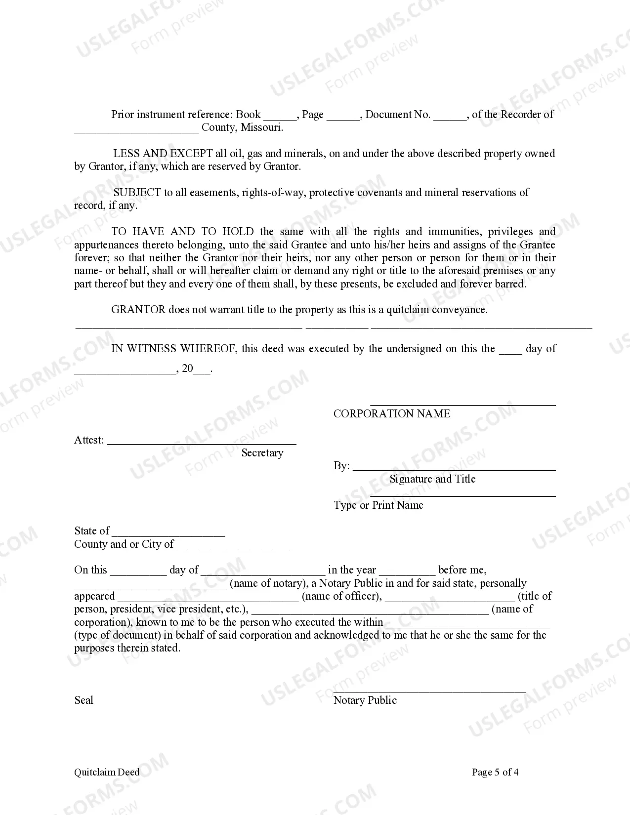 Preview Quitclaim Deed from Corporation to Individual