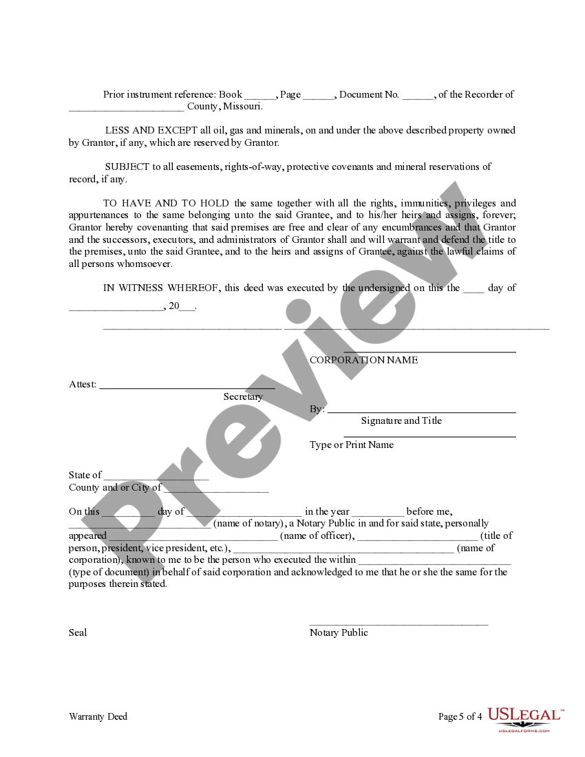 Missouri Warranty Deed from Corporation to Individual Warranty Deed
