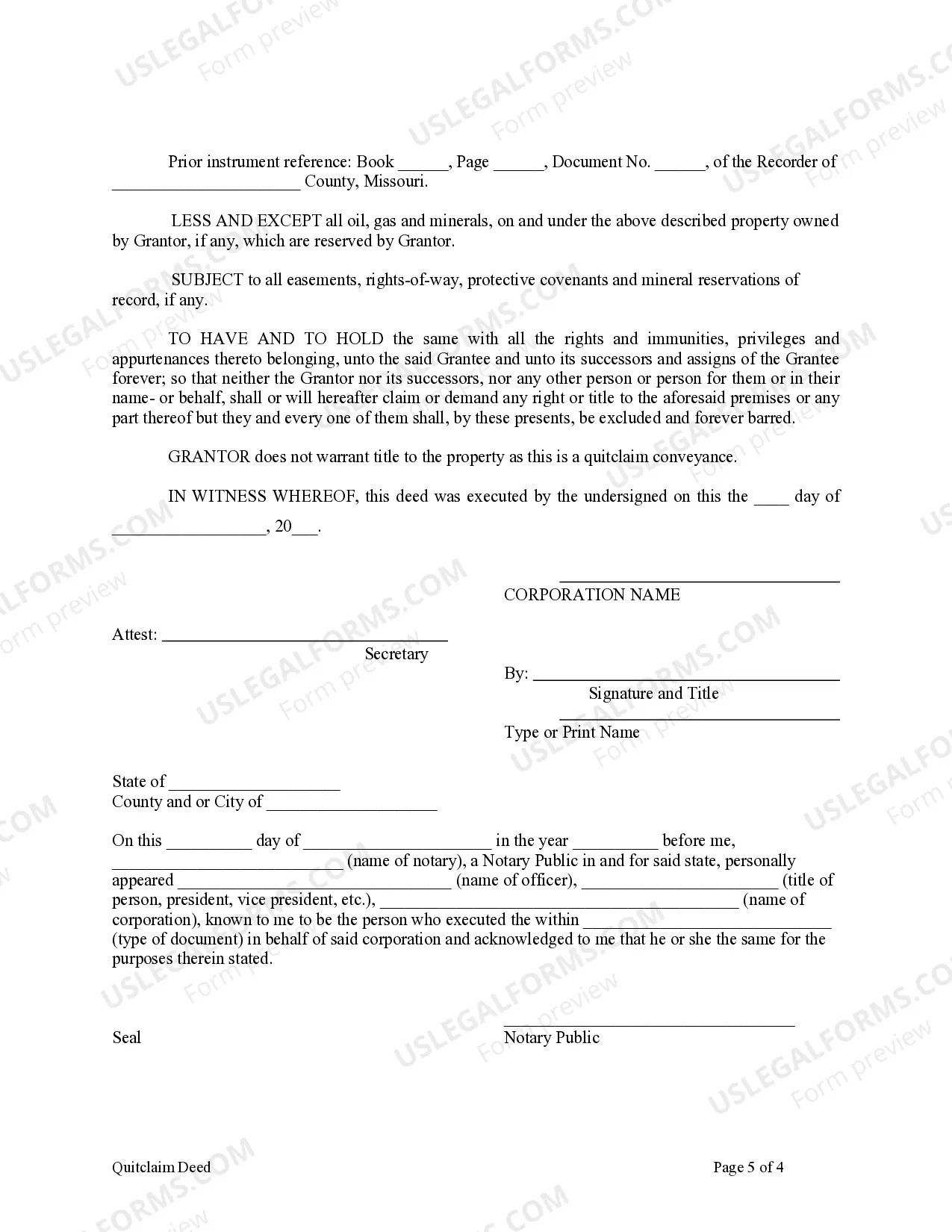 Preview Quitclaim Deed from Corporation to Corporation