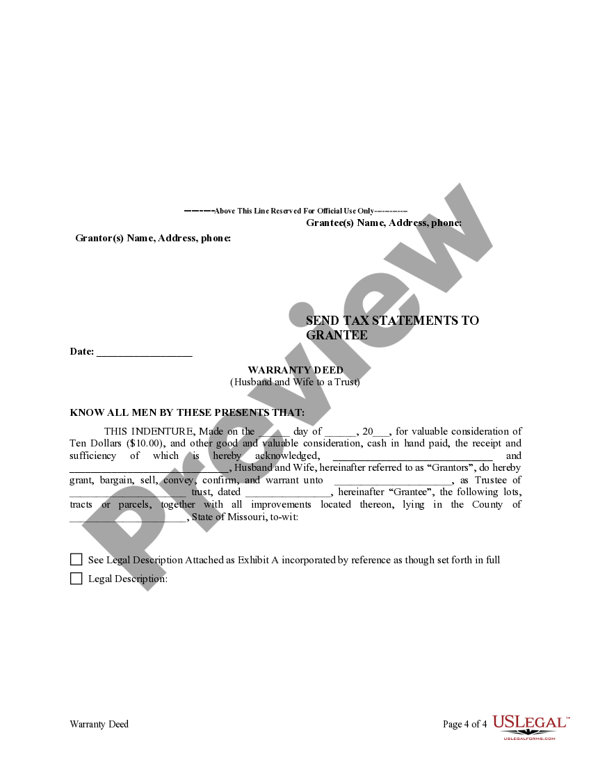 Missouri Warranty Deed from Husband and Wife to a Trust Warranty Deed