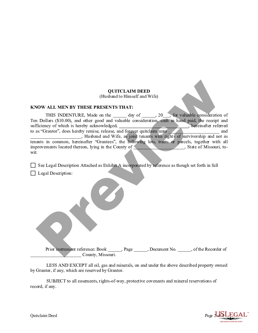 Missouri Quitclaim Deed from Husband to Himself and Wife - Missouri ...