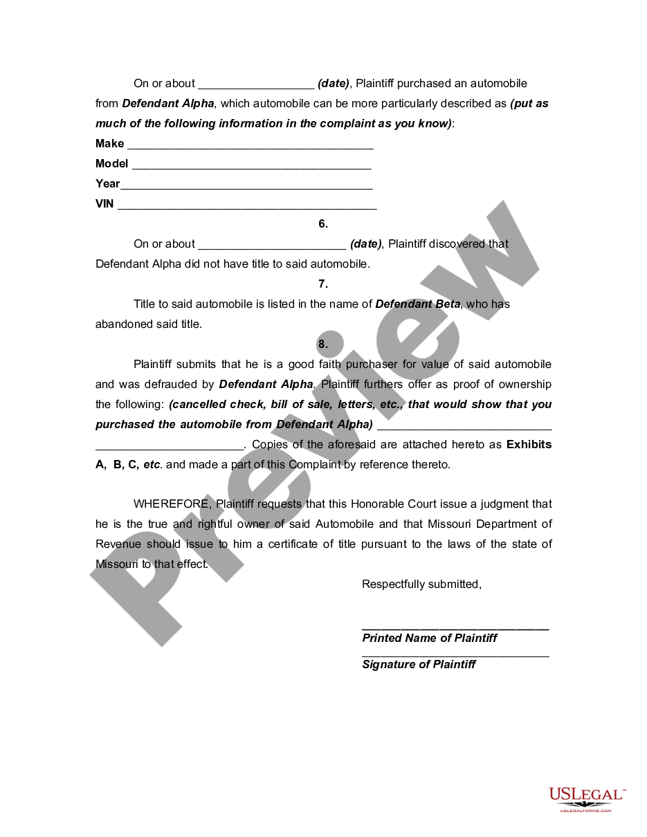page 1 Complaint for a Declaratory Judgment through the Circuit Court Ordering the Department of Revenue to issue a Certificate of Title to Complainant preview