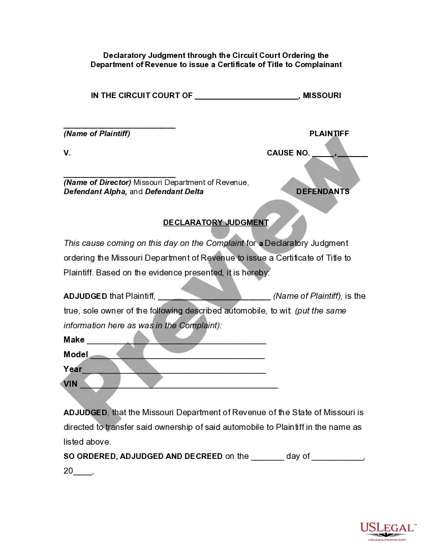 Preview Declaratory Judgment through the Circuit Court ordering the Department of Revenue to issue a Certificate of Title to Complainant