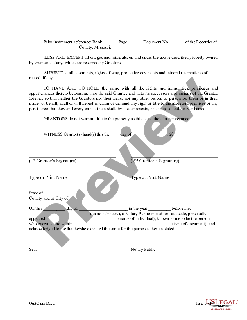 Missouri Quitclaim Deed From Husband And Wife To An Individual Us Legal Forms 9510