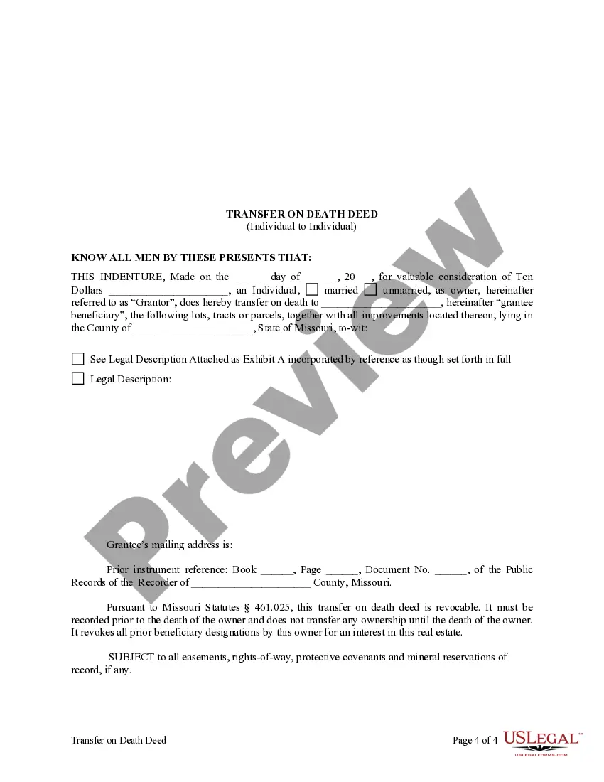 Preview Transfer on Death Deed or TOD - Beneficiary Deed for Individual to Individual