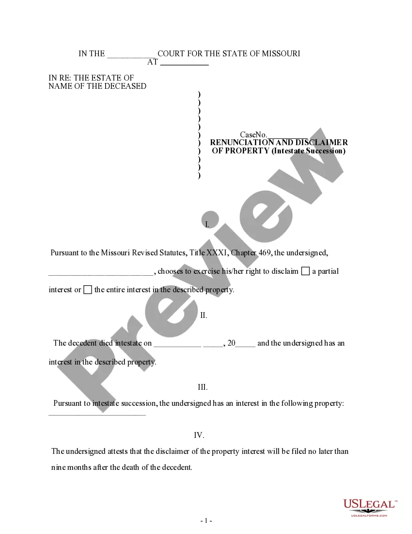 Preview Renunciation and Disclaimer of Property Received by Intestate Succession