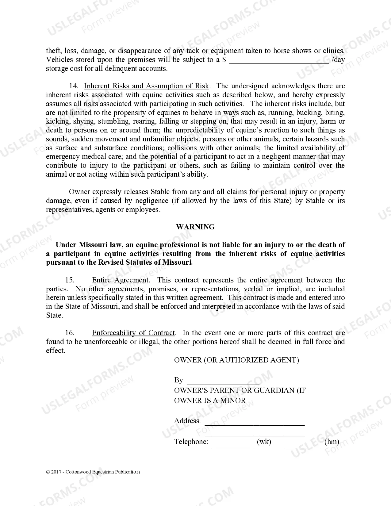 Preview Boarding Stable Agreement - Horse Equine Forms