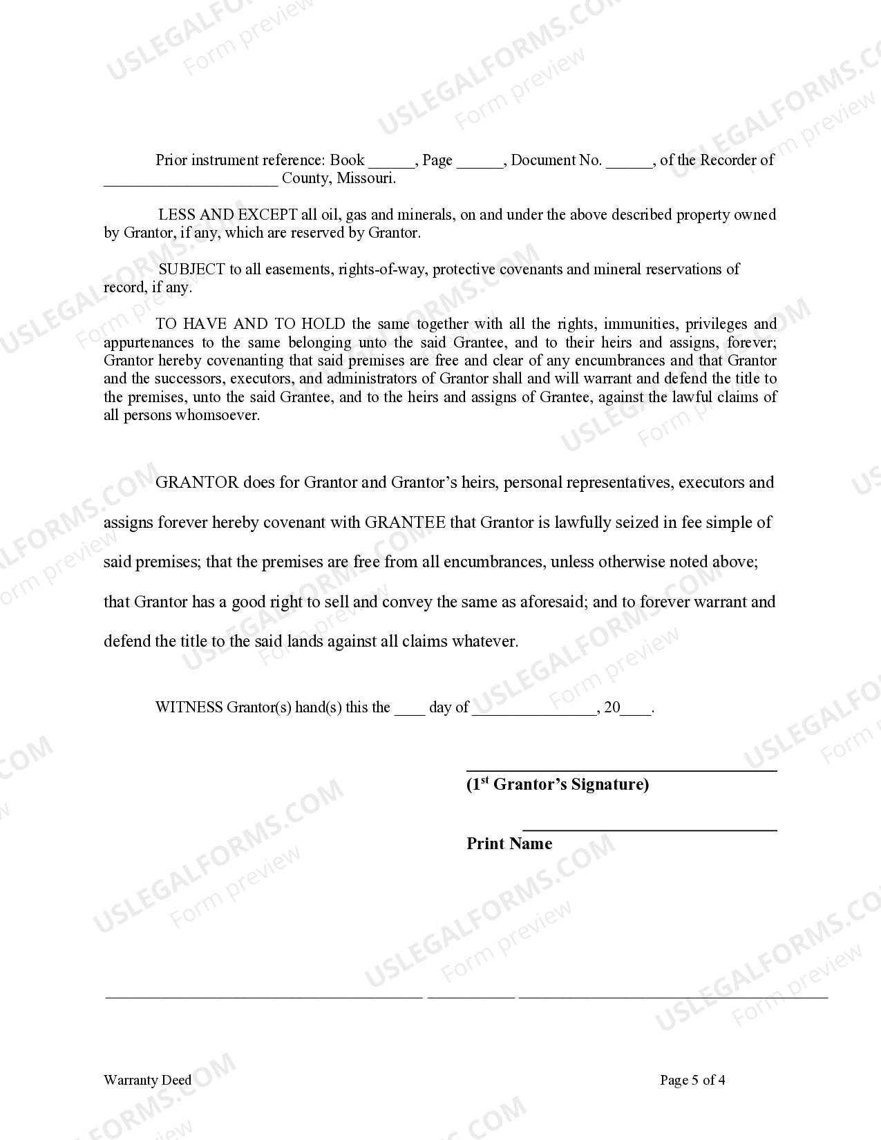 Missouri Warranty Deed from Individual to Individual - Warranty Deed ...
