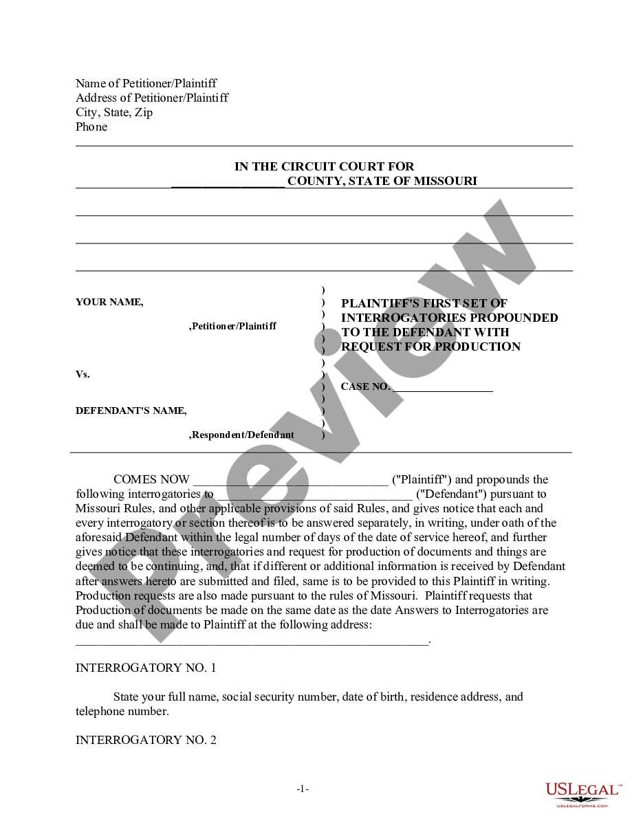 Missouri Discovery Interrogatories from Plaintiff to Defendant with